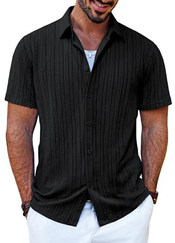 PJ PAUL JONES Mens Button Up Shirts Plain Short Sleeve Textured Tops Summer Casual Vacation Shirt Black S