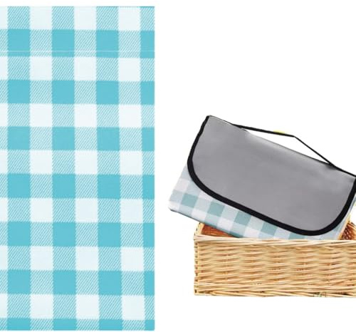 CALLYSONIC 150 x 100 cm Picknickdecke wasserdicht mit Griff, Picnic Blanket Isoliert, Picknick-Matte, waschbar, Faltbar Strandmatte, Marineblaues Karo, für Picknick, Outdoor, Camping, Parks (a)