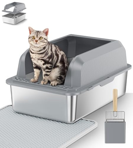 Lettiera per gatti XL in acciaio inox, semi-chiusa, inodore, a prova di perdite, con tappetino e paletta anti-tracciamento, facile da pulire, 60x40x30 cm