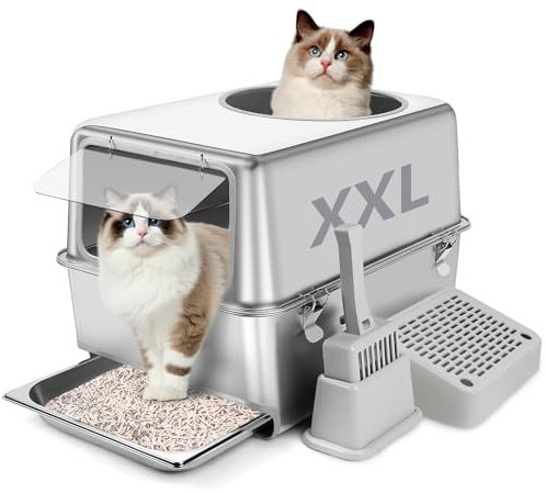 Bartuke Stainless Steel Cat Litter Box, Pull-Out Extra Large High Sided Metal Litter Tray with Scoop, Filter Pedal, Non-Sticky,Non-Odor, Easy Cleaning