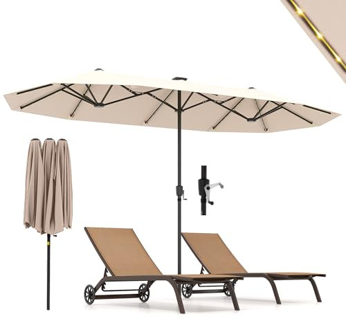 RELAX4LIFE Grand Parasol Double avec LED 4x2 M, Grand Parasol de Jardin Extérieur avec Manivelle, 12 Baleines, Toile Polyester Hydrofuge, Protection Solaire, Montage Facile pour Terrasse, Piscine