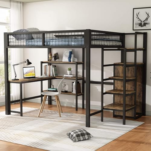 HYUB Hochbett Metallbett 140x200 cm mit Schreibtisch und Kleiderschrank, Etagenbett mit Treppe und Bücherregal, Bettgestell mit Rausfallschutz, Bett für Erwachsene Jugendliche und Kinder, Schwarz