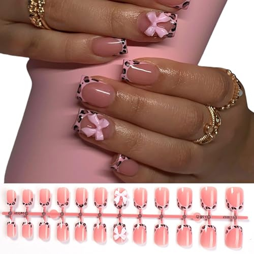 Bellissimi Premere Unghie False Nails Punte Semplici Coperture Complete Bastoncini Leopardi Punta Francese Falsa Per Donna Bocali Leopardo Leopard Punta Francese Pressione Chioda A Full