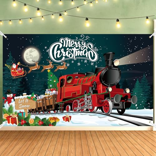 Penitue Merry Christmas Toile Fond, 180x110cm Décorations Noël Bannière Joyeuses Fêtes Arrière-Plan pour Photographie Décoration Maison Panneau Jardin Hiver Fête (Train)