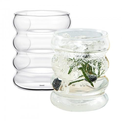 Bicchieri a Bolle, 2 Pezzi Bicchiere di Vetro Trasparente, Tazze di Vetro Carino Ondulazione a Forma di Vintage a Coste in Vetro, per Cocktail Latte Cucina Caffè Succo di Acqua Bevande - 300ml
