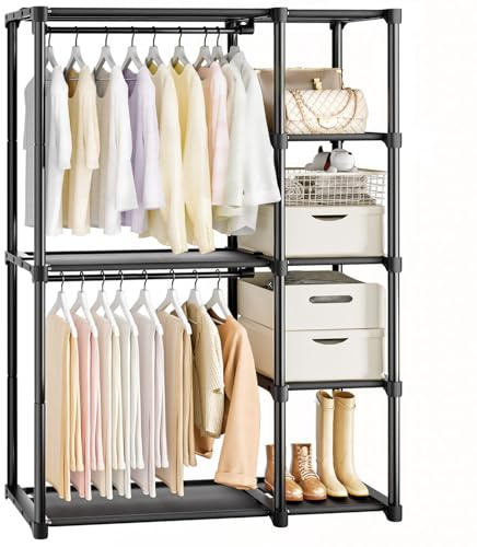 Mavivegue Kleiderschrank offen, 4 Stock Kleiderständer 40 x 121.4 x 161 cm | Kleiderstange Garderobe, 2 Hängefächer viel Platz, für Wohnzimmer, Schlafzimmer, Schwarz
