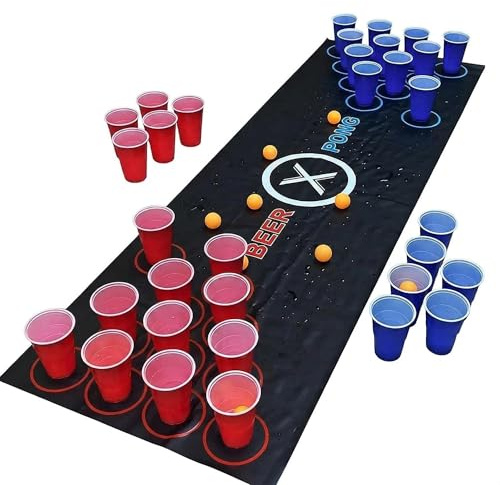 MRodouu Beer Pong Game Set, 150x50cm Anti-Slip Mat, Full Party Kit with 30 Cups (15 Red/15 Blue) & 8 Ping Pong Balls for Party Dorm Outdoor