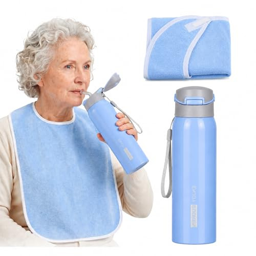 Tasse à Bec Senior Inox 500ML avec Bavoir, Gobelet Anti-Fausse Route avec Paille Gravité et Couvercle Rabattable, Étanche et Hygiénique pour Seniors, Patients et Femmes Enceintes