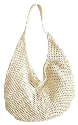 LadjproR Gestrickte Netz Shopper Tasche, Weiche Häkeltasche Geräumige Sommer-Tragetasche & Strandtasche, Handgefertigte Häkeltasche & Boho-Strandtasche, Weiche Häkeltasche für Reisen und Einkaufen