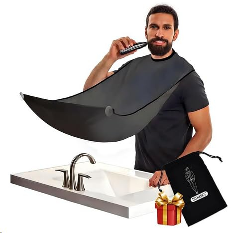 Tablier Barbe Homme-Cape de Rasage Homme-Bavoir Barbe-Accessoire Ideal pour la coupe de la Barbe à la Tondeuse ou au Rasoir-Avec 4 Ventouses et un Sac de Rangement-Cadeau Noel et Fete des Peres