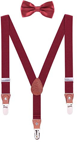 WANYING Hosenträger Fliege Set für Kleinkind Kinder Jungen Mädchen 3-8 Jahre alt Y Form 3 Clips Breite 2,5cm Elastische Hosenträger - Einfarbig Bordeaux Rot
