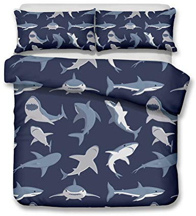 MIUNNG Ozean Hai Stil Digitaldruck Kinder Bettbezug Süß Karikatur Hai Blau Polyester Bettwäsche Set Haben Reißverschluss Hautfreundlich Kein Ausbleichen Antifouling (Hai 09, 135x200cm)