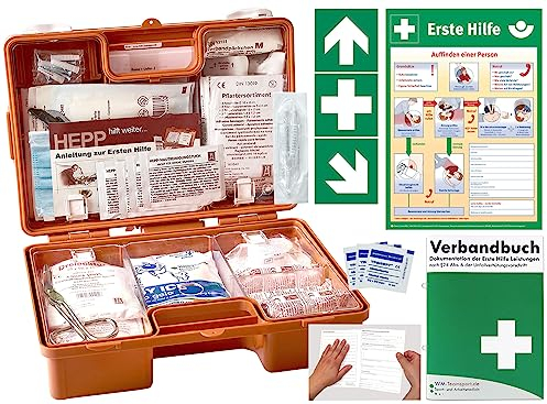 Verbandskoffer/Verbandskasten (K) INKL. 90° ARRETIERUNG -Komplettpaket- Erste Hilfe - aktuelle DIN 13157 für Betriebe -DSGVO- INKL. PERFORIERTEM VERBANDBUCH + Aufkleber + Aushang