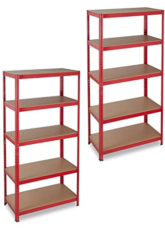 Relaxdays 2 x Schwerlastregal, Traglast 875 kg, 5 Ebenen, zum Stecken, Keller, Garage, HxBxT: 180 x 90 x 45 cm, Stahl, MDF, rot