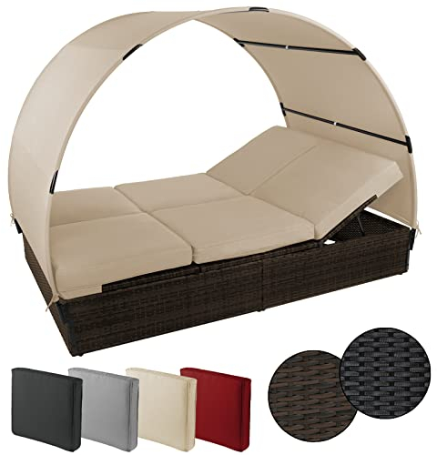 Montafox Sonnenliege Poly Rattan Doppelbett 200 x 140 cm Gartenliege 10cm Auflagen Dach Sonnendach Rücken/Fußelemente Verstellbar Doppelliege, Farbe:Schwarz-Braun meliert/Sandstrand
