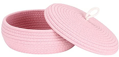Sea Team Eleganter runder Baumwollseil-Aufbewahrungskorb mit Deckel - Multifunktionaler Organizer für Snacks, Handtücher uvm. - Ideal für Ihr Zuhause, 10 x 4,5 Zoll (Klein,Flach,Rosa)