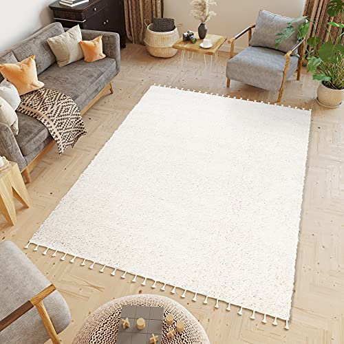 TAPISO Boho Fringes Teppich Shaggy Hochflor Langflor Modern Design Fransen Creme Einfarbig Weich Wohnzimmer Schlafzimmer ÖKOTEX 300 x 400 cm