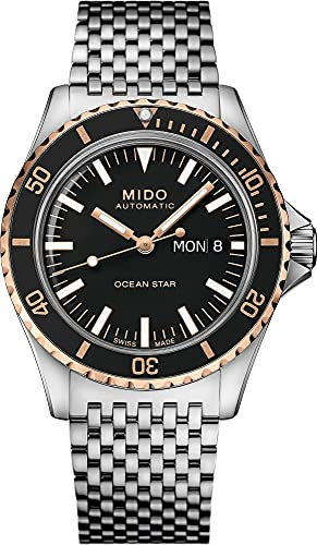 MIDO Ocean Star Tribute – Schweizer Automatikuhr für Herren – schwarzes Zifferblatt – 40,5 mm Edelstahlgehäuse – Schwarze Lünette mit roségoldener PVD-Beschichtung – Edelstahlarmband – M0268302105100