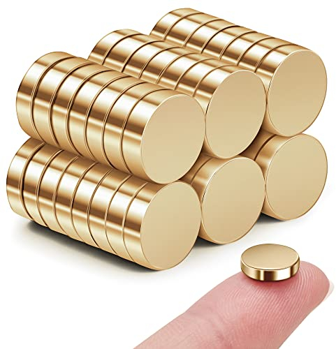 SMARTAKE 45 Pcs Refrigerator Magnets, 10x2.6mm Small Round Fridge Magnets, Multi-Use Premium Neodymium Office Magnets for Fridge, Whiteboard, Billboard in Home, Kitchen, Office and School (Gold)