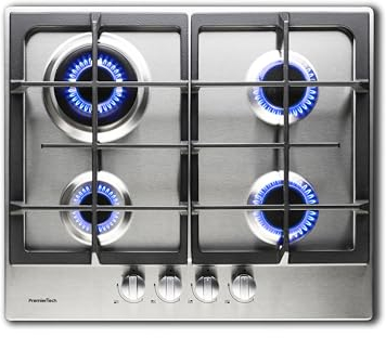 PremierTech Piano cottura a gas da incasso con 4 fuochi, 56x48 cm, acciaio inox, griglie in ghisa, doppia corona, predisposto per metano e GPL, PC4G60