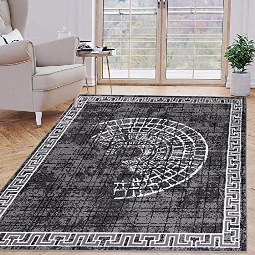 Carpeto Rugs Kurzflor Teppich mit Bordüre - Mäander Griechisch Muster - Wohnzimmer, Schlafzimmer und Flur - Robust und pflegeleicht und Fußbodenheizung geeignet - Grau 140 x 200 cm