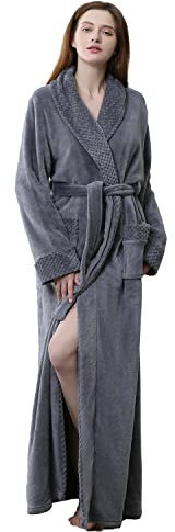ROSEEM Womens Full Length Dressing Gown - Soft Warm Fleece Bath Robe, Ladies Cozy Loungewear, Nightwear GREY-XL
