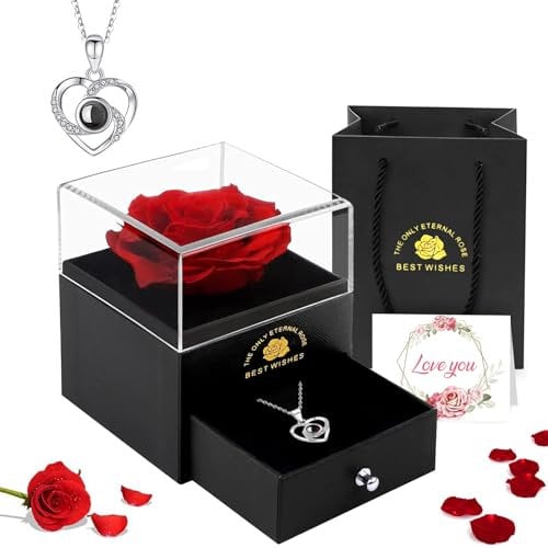 EGEKTBH Gifts for Mum, Preserved Eternal Rose Gift Box for Mothers Day with Love You Necklace, Artificial Rose Gifts for Mum Her on Birthday, Anniversary, Valentines Day