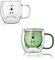 Lot de 2 mugs mignons ours mignons ours tasse à thé 250 ml en verre à double paroi tasse à café au lait avec poignée mignons cadeaux d'anniversaire pour femme homme (blanc vert)