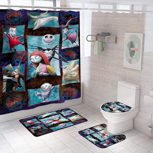 DDS-DUDES 4Pcs Christmas Shower Curtain Sets Kids Bathroom Halloween Decor with 12 Curtain Hooks for Bathroom, Waterproof 71 x 71 inch (D18)