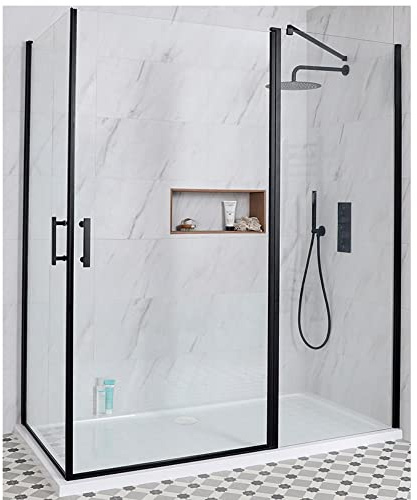 MILANO Black Corner Hinged Door Shower Enclosure White Tray 1100 x 900mm