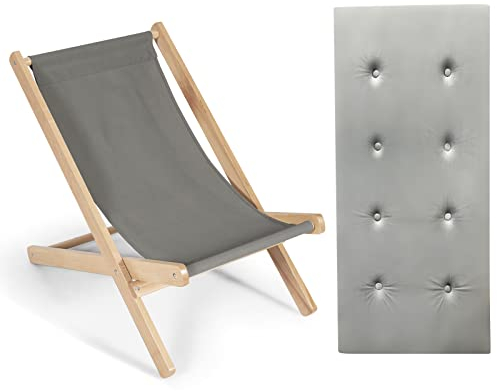 RELAX4LIFE Liegestuhl Klappbar, Gartenliege aus Holz, Relaxliege mit Abnehmbarem Kissen, Strandstuhl mit Verstellbarer Rückenlehne, bis 150 kg belastbar, Sonnenliege für Garten & Balkon & Strand, Grau