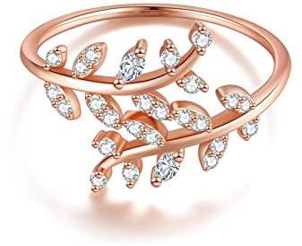 925 Sterling Silber Ring Olivenzweig Blätter mit Zirkonia Steinen Verstellbar I Echtsilber Blumenring mit Blüte Schmuck für Damen, Frauen und Mädchen (Rosegold)