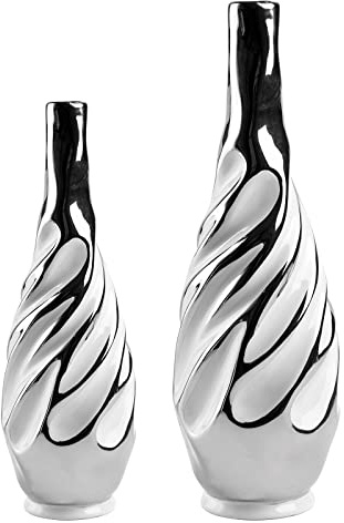 Yundu White with Silver Vase Set of 2 - Pampas Grass Vase, Ceramic Vases Ideal for Living Room, Shelf, Coffee, Home Decor. Boho & Modern Centerpieces Flowers Vases