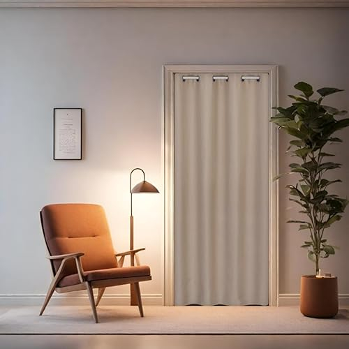 tinycurtains, Türvorhang mit Teleskopstange, einfache Montage in nur 1 Minute ohne Bohren (Türgardine beige H210 x B150 cm + Stange weiß B55-90 cm)