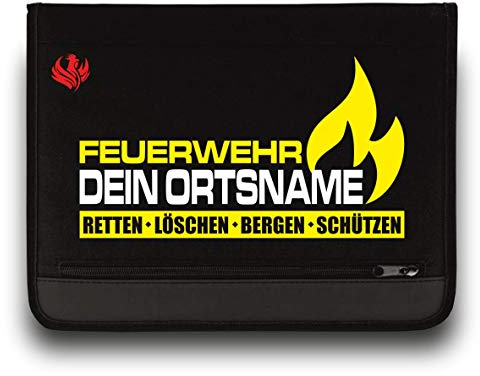 Feuerwehr Schreibmappe/FW Flamme +Ortsname/Neongelb-Weiss/Roter Hahn 112 / Einsatzorganizer auch für THW Rettungsdienst Notarzt