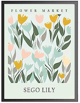 Sego Lilien-Kunstdruck, Blumenmarkt-Poster, Wandkunst-Dekor, botanisches Blumen-Kunstwerk für Schlafzimmer, Badezimmer, Wohnzimmer, Dekoration (Sego-Lilie, 27,9 x 35,6 cm + schwarzer Rahmen)