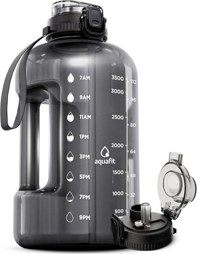 AQUAFIT 4 Litre Water Bottle with Straw - Water Bottle 4L with Time Marker - One Gallon Big Bottle with Straw - Large Bottle For Gym - 2-in-1 Lid, Grey | BPA Free 128 oz Water Bottle with 2in1 Straw and Chug Lid - Leakproof Gym Water Bottle with Carry Handle (Gray)