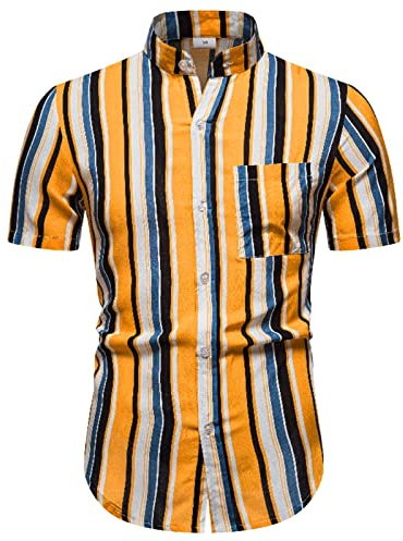 Herren Frühling Sommer Top Shirt Stehkragen Tasche Streifen Tops Casual Einreiher Kurzarm Mode Shirt Hemd Herren Blau Muster