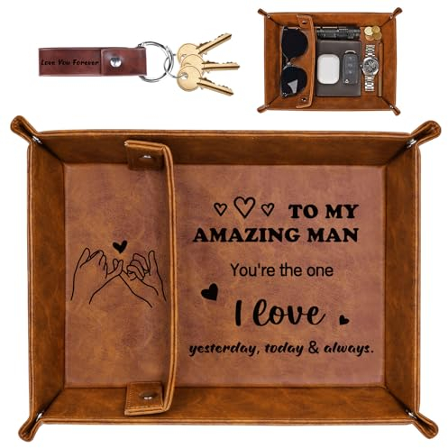Bedside Organiser Gifts for Him, Mens Anniversary PU-Leather Valet Tray Gifts, I Love You Gift Set for Husband Boyfriend, Birthday Presents Nightstand Tray for Mens Accessories