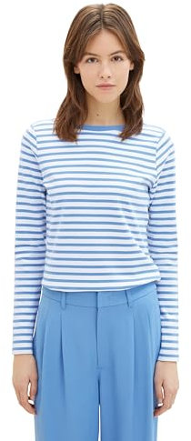 Tom Tailor Denim Damen Longsleeve mit Streifen aus Bio-Baumwolle, 34675 - White Mid Blue Stripe, S