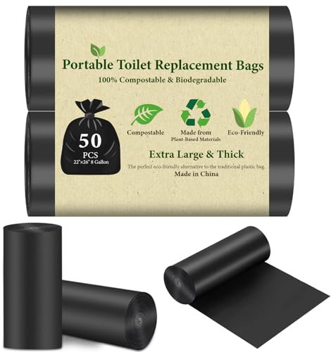 50 PCS Portable Toilet Bags for Camping, Drawstring Biodegradable Porta Potty Bags - 8 Gallon Thickened Waste Bags for 5 Gallon Bucket Toilets, Compostable Bags for Adults(50 Count)