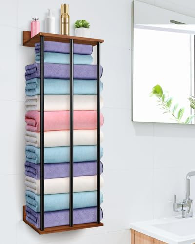 WeGXY Handtuchhalter für Badezimmer, Wandmontage, Wand-Handtuchhalter für gerollte Handtücher, Metall-Handtuchhalter mit Holzregal, Handtuch-Aufbewahrungs-Organizer für kleines Badezimmer