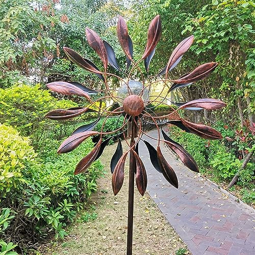 Solare Mulino a Vento in Metallo all'aperto, Girandola da Giardino con Luce Solare a LED,Mulini A Vento da Giardino con Ruota Doppia,Scultura cinetica del Vento, Decorazione per Esterno