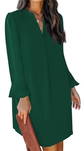 JOCAFIYE Damen V-Ausschnitt Rüschen Hemdkleid Einfarbige Casual Langarm Einfarbig Kleid Dunkelgrün XL