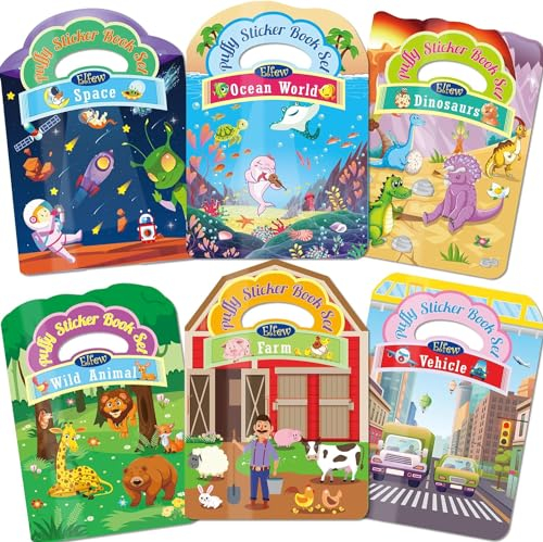Elfew 6 Stück 3D Wiederverwendbare Stickerbuch für Kinder 2-4 jährige, Aufkleber für Kinder, 3D Puffy Aufkleber, Dinosaurier,Unterwasserwelt,Bauernhof,Wildtiere,Weltraum,Fahrzeug, Aufkleber Geschenk