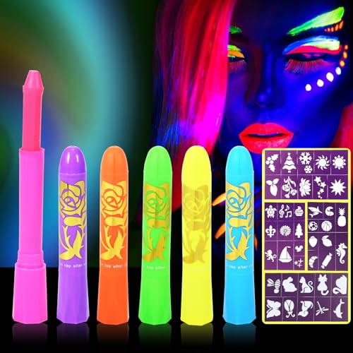 GLEEMEN Fluorescenti Matite Trucco per Viso e Corpo, 6 Colori Lavabile UV Fluorescente Colorato Neon con 4 Stampini, Trucchi Neon, Pittura Corpo Sicuro per Feste, Trucco Make-up, Halloween