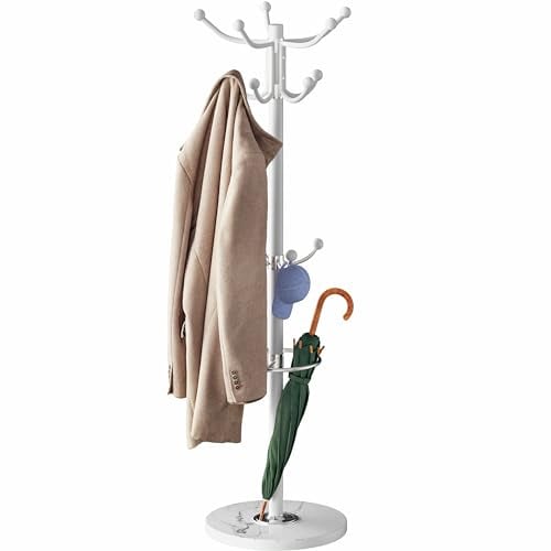 Casaria® Porte-manteau Blanc avec base en marbre 14 crochets 37x37x175cm portemanteau sur pieds rangement porte-parapluie