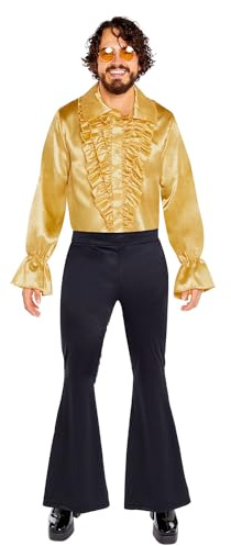 Amscan 9918523 - Men's 1970's Gold Satin Ruffle Shirt Adults Fancy Dress Costume Size: Small