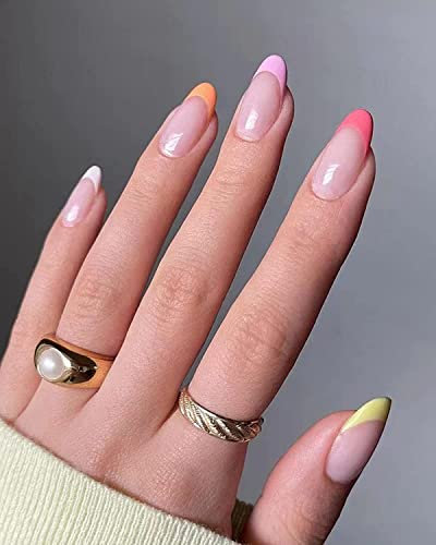 JUSTOTRY 24 Pcs Multi Colour Press on Nails Short Designs,Glossy False Nails Oval,Rainbow French Almond Stick on Nails for Women and Teens,Classy Fake Nail for Nail Art