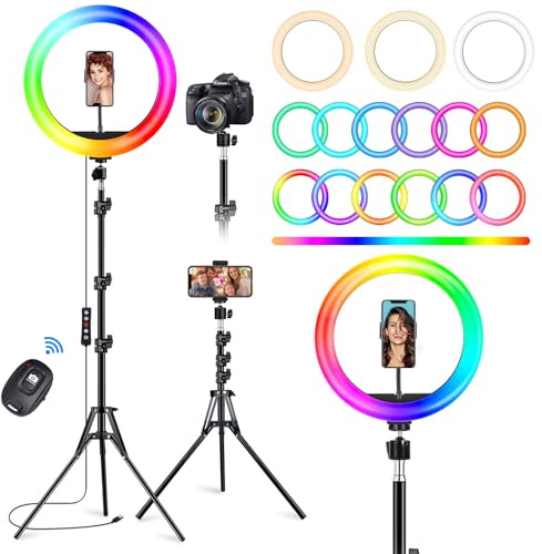 STALLY 10.2 Ring Light with Stand, 75 Tall Ring Light with Phone Holder and Wireless Remote, 12 Dimming Levels, 32 Color Modes Selfie Light Tripod for iPhone, Live Stream, Makeup, YouTube, TikTok